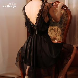 فساتين نوم دانتيل مغرية للأزواج - فستان حريري بدون أكتاف بشبكة مزينة بالفراشات